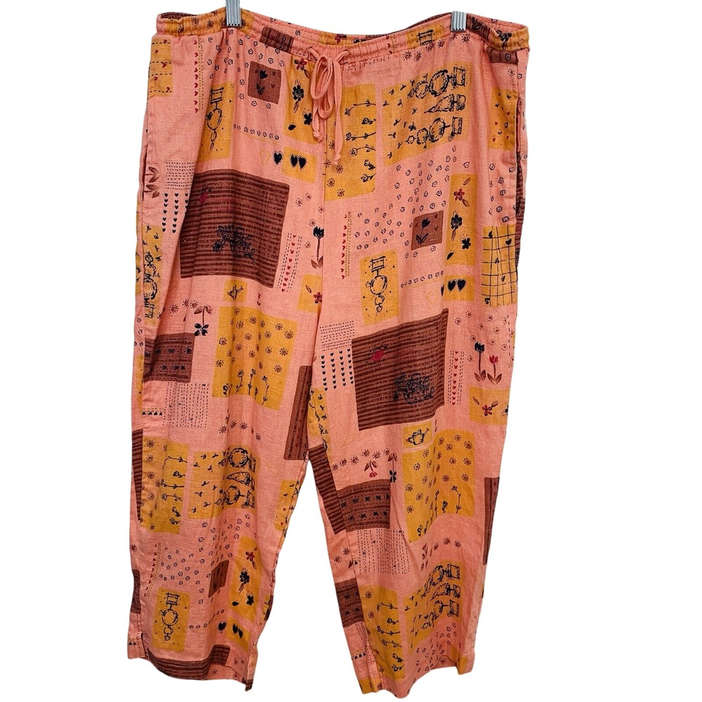 Onque Linen Pants Woman Large Elastic Waist Pockets Boho Printed‎ Ankle Tapered
